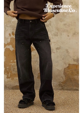 柴米黑色伐木洗水牛仔裤工装裤男宽松直筒美式复古长裤男阿美咔叽