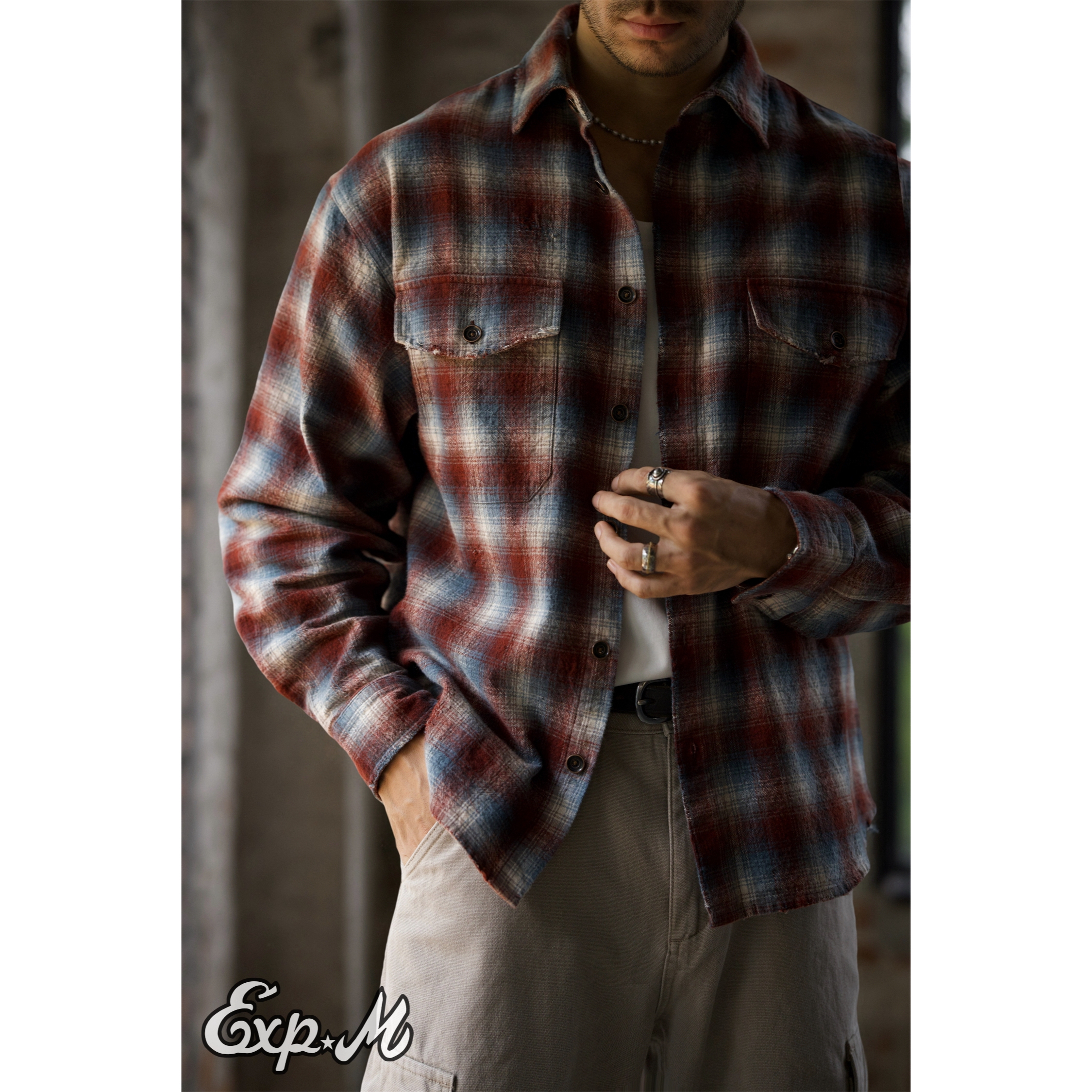 柴米全棉破坏做旧格子衬衫男士宽松休闲潮流衬衣美式复古咔叽秋