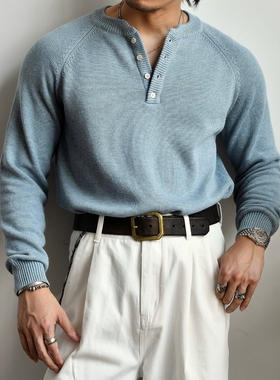 柴米亨利领针织毛衣休闲打底衫秋冬新款重磅条纹插肩袖套头上衣