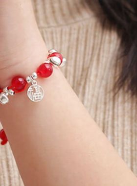 一步一响红绳手链苗疆少女福牌铃铛平安手绳本命年红色手串男女生