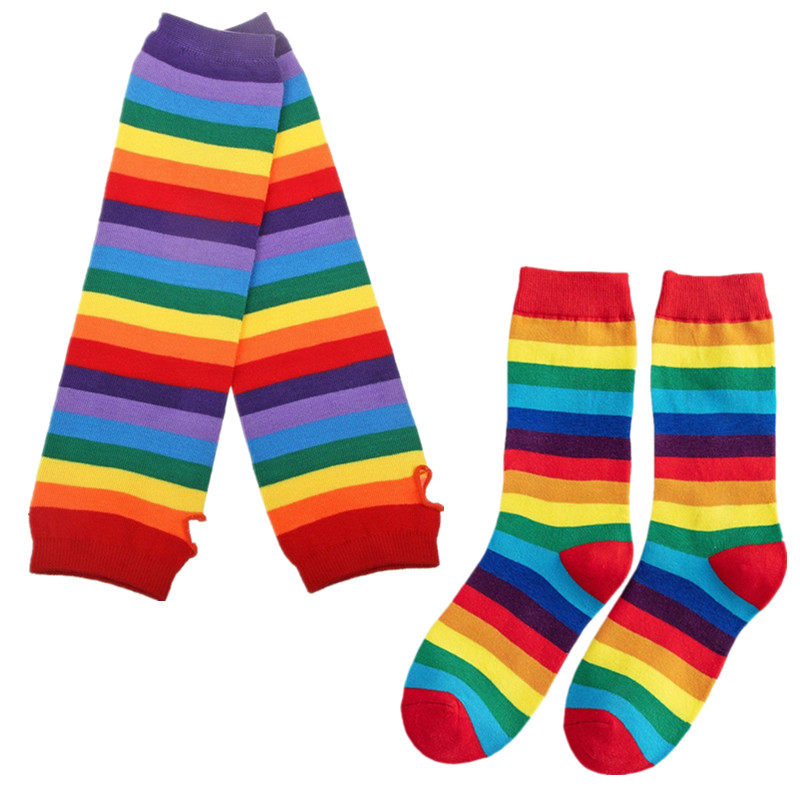彩虹袜子女七彩色条纹防晒袖子护手套半指舞会表演可爱中筒堆堆袜