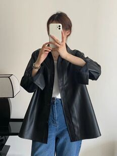 2025春秋新款 皮衣宽松港风外套女 设计高级感超火复古黑色pu皮西装