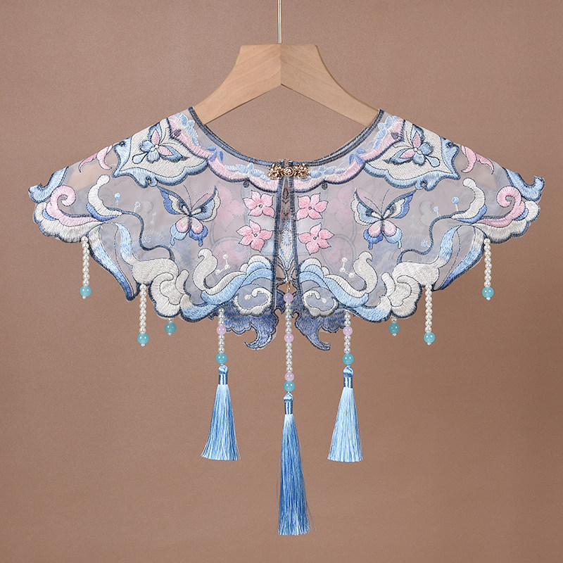 花朵刺绣流苏搭马面裙汉服学士服云肩女百搭假领披肩蓝色外搭古风