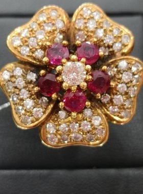 18K金镶钻红宝石花朵戒指 CP130016 七彩宝贝彩宝