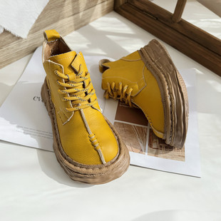 手工鞋 拉帮上线松糕短靴中古风文艺厚底真皮马丁靴原创牛皮森女鞋