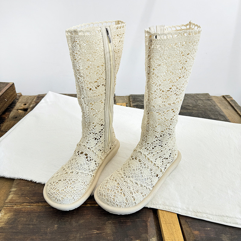 棉麻复古长筒靴透气镂空凉鞋女鞋
