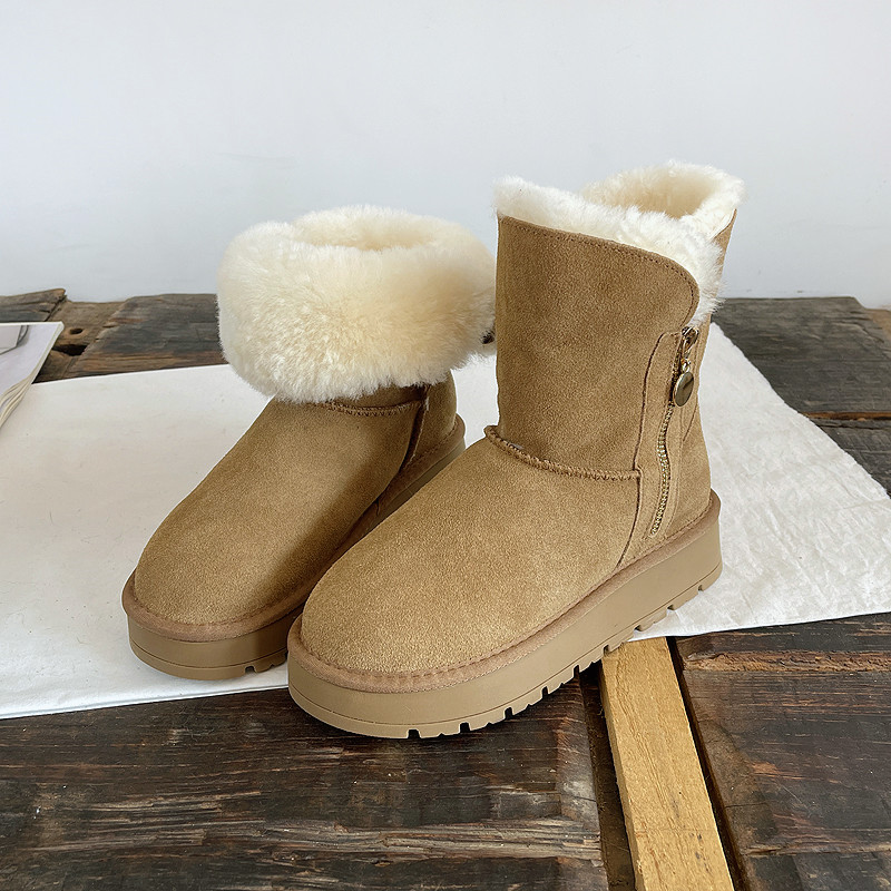 侧拉链真皮羊毛雪地靴冬东北女鞋