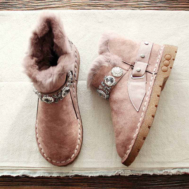 AUTUMN AND WINTER NEW SNOW BOOTS WARM BOOTS RABBIT FUR SHORT BOOTS PLUS VELVET FLAT WOMENS BOOTS ROUND HEAD BRIGHT DIAMOND STUDENT BOOTS CASUAL BOOTS