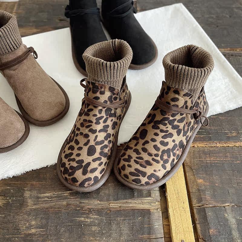 豹纹超软底舒适手工短靴禅意复古秋冬保暖鞋文艺纽扣休闲女鞋靴子,女鞋,马丁靴,淘宝优惠券,粉丝福利购,淘宝优惠卷