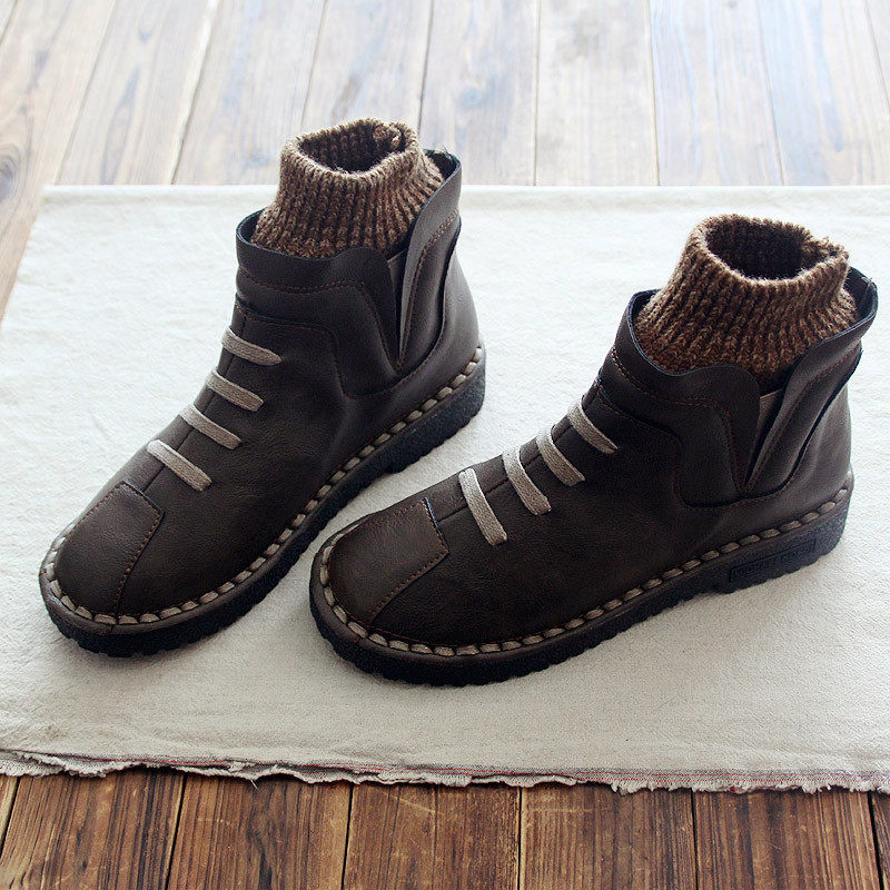 WOOL MOUTH ROUND HEAD AUTUMN AND WINTER WARM ANTI-LEVEL BOTTOM SOFT BOTTOM HANDMADE LITERARY RETRO SHORT BOOTS ANKLE BOOTS WOMENS SHOES BOOTS