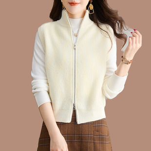 纯羊毛立领针织马甲女春秋2025新款双拉链翻领背心毛衣开衫外套潮