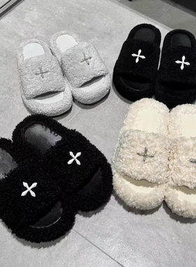 经典毛毛拖鞋女S0003BG/LG厚底外穿一字拖石墨黑冬季新款灰色增高