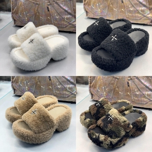 十字架毛毛拖 高跟8.5厘米金属扣厚底羊羔毛一字拖增高坡跟拖鞋女