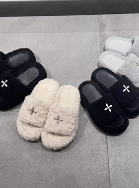 SM尘埃灰色厚底毛毛拖鞋十字扣毛绒外穿一字拖新款石墨黑色增高鞋