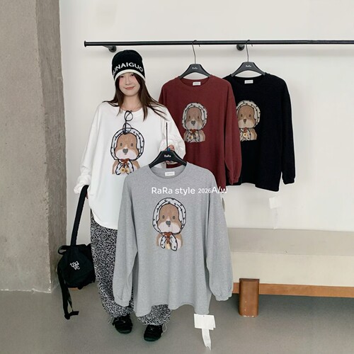 RARA STYLE2026秋冬趣味可爱狗狗印花加厚磨毛大版圆领长袖T恤女