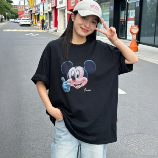 皇冠2026夏季韩版卡通米奇印花慵懒风中长款全棉宽松圆领短袖T恤