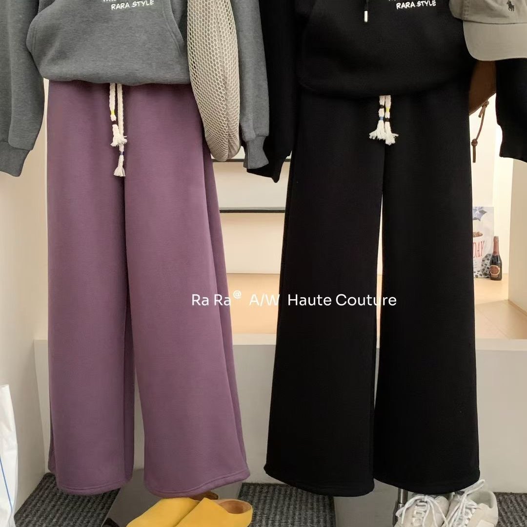 RARA STYLE2025冬季韩版宽松显瘦加厚加绒松紧腰直筒休闲卫裤束脚