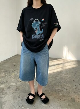 皇冠2026夏季卡通刺绣小鳄鱼印花宽松显瘦百搭大版圆领短袖T恤女