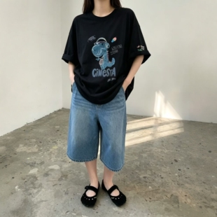 皇冠2026夏季卡通刺绣小鳄鱼印花宽松显瘦百搭大版圆领短袖T恤女