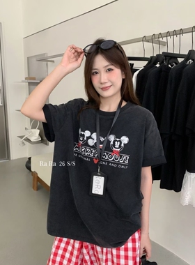 RARA STYLE2026夏季韩版炒色做旧卡通米奇印花时髦圆领短袖T恤女
