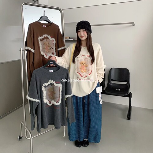 RARA 2026秋冬韩版花边拼接可爱小熊印花假两件圆领宽松长袖T恤女
