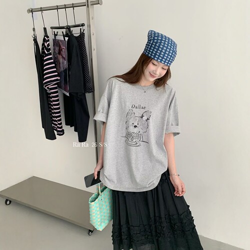 RARA STYLE2026夏季素描小狗印花小众百搭宽松大版圆领短袖T恤女