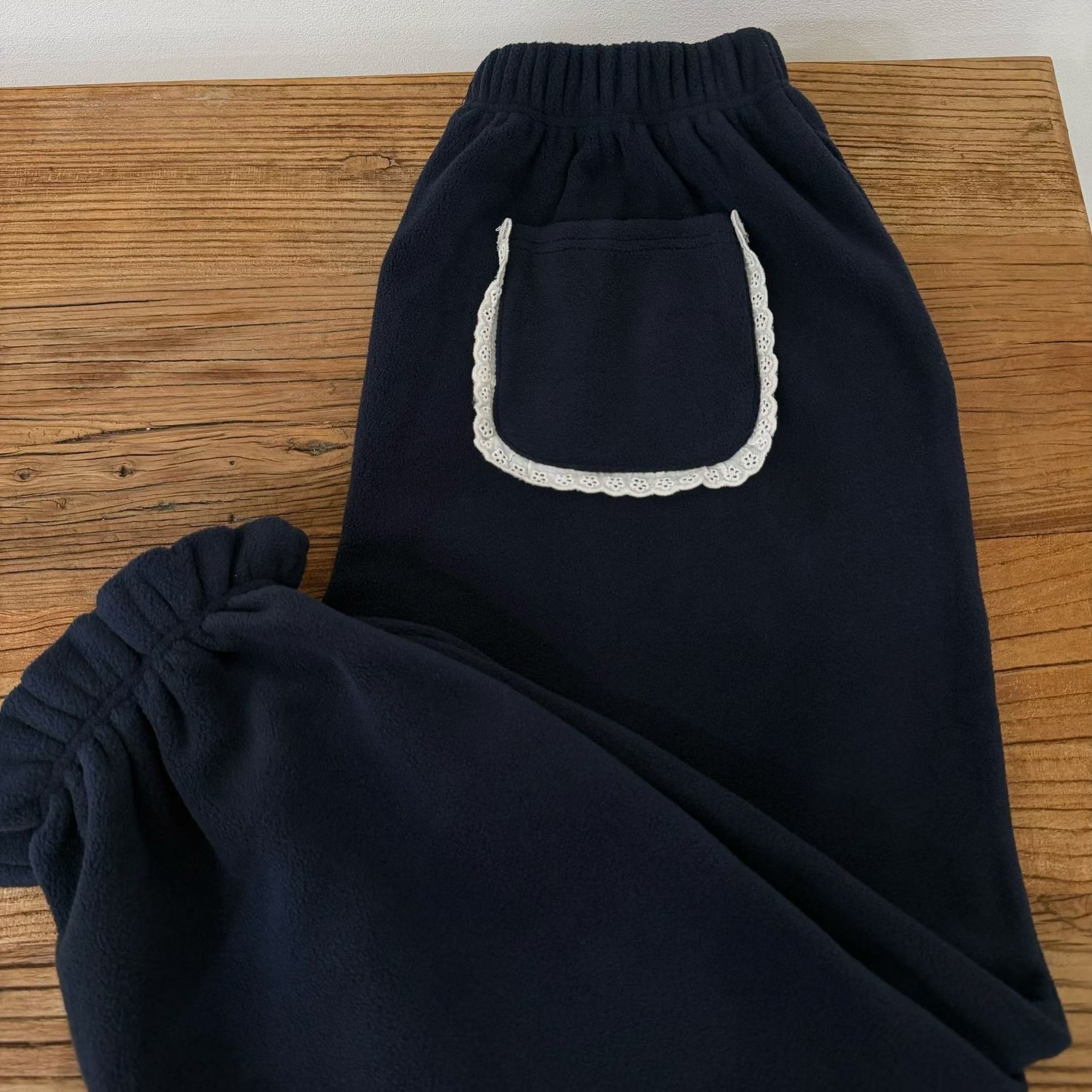 皇冠2025冬季韩版宽松显瘦花边拼接加厚抓绒松紧腰摇粒绒束脚卫裤