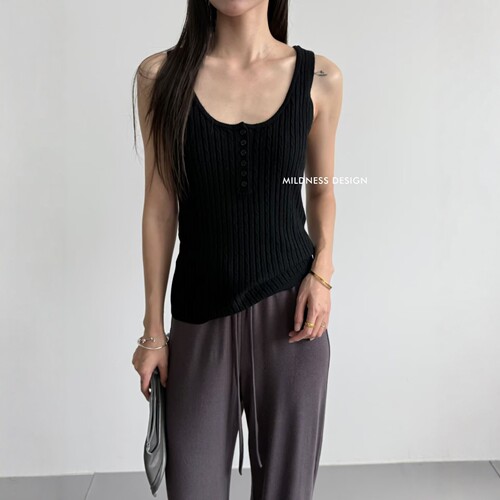 MILDNESS2026秋季韩版简约百搭ins修身显瘦排扣麻花针织背心女