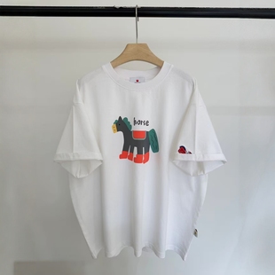 皇冠2026春夏韩版刺绣木马印花洋气百搭英伦风全棉圆领短袖T恤女