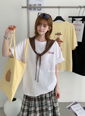 RARA STYLE2026夏季卡通英文印花宽松时髦百搭大版圆领短袖T恤女