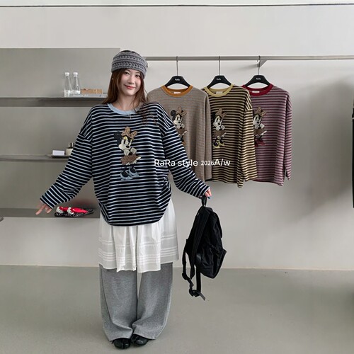 RARA STYLE2026秋冬新款条纹卡通米妮印花宽松大版圆领长袖T恤女