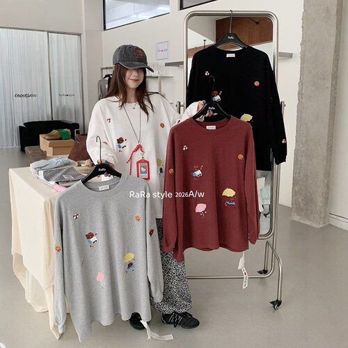 RARA STYLE2026秋冬韩版卡通刺绣hello kitty宽松加厚磨毛长袖T恤