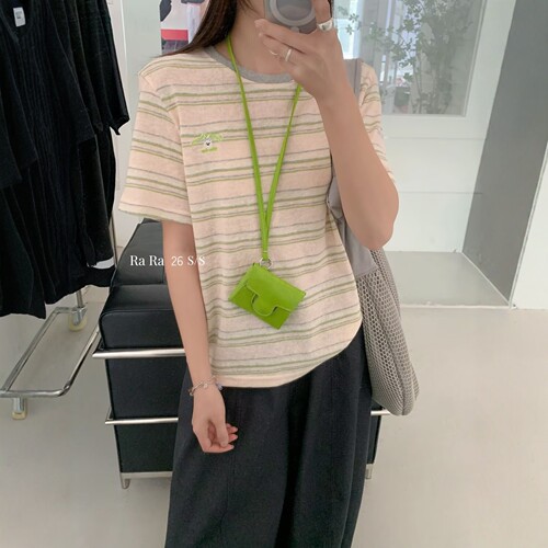 RARA STYLE2026夏季韩版复古条纹刺绣小英文宽松时髦圆领短袖T恤
