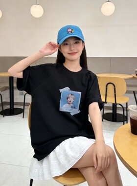 皇冠2026夏季韩版简约插肩袖欧美男孩印花竹节棉休闲圆领短袖T恤