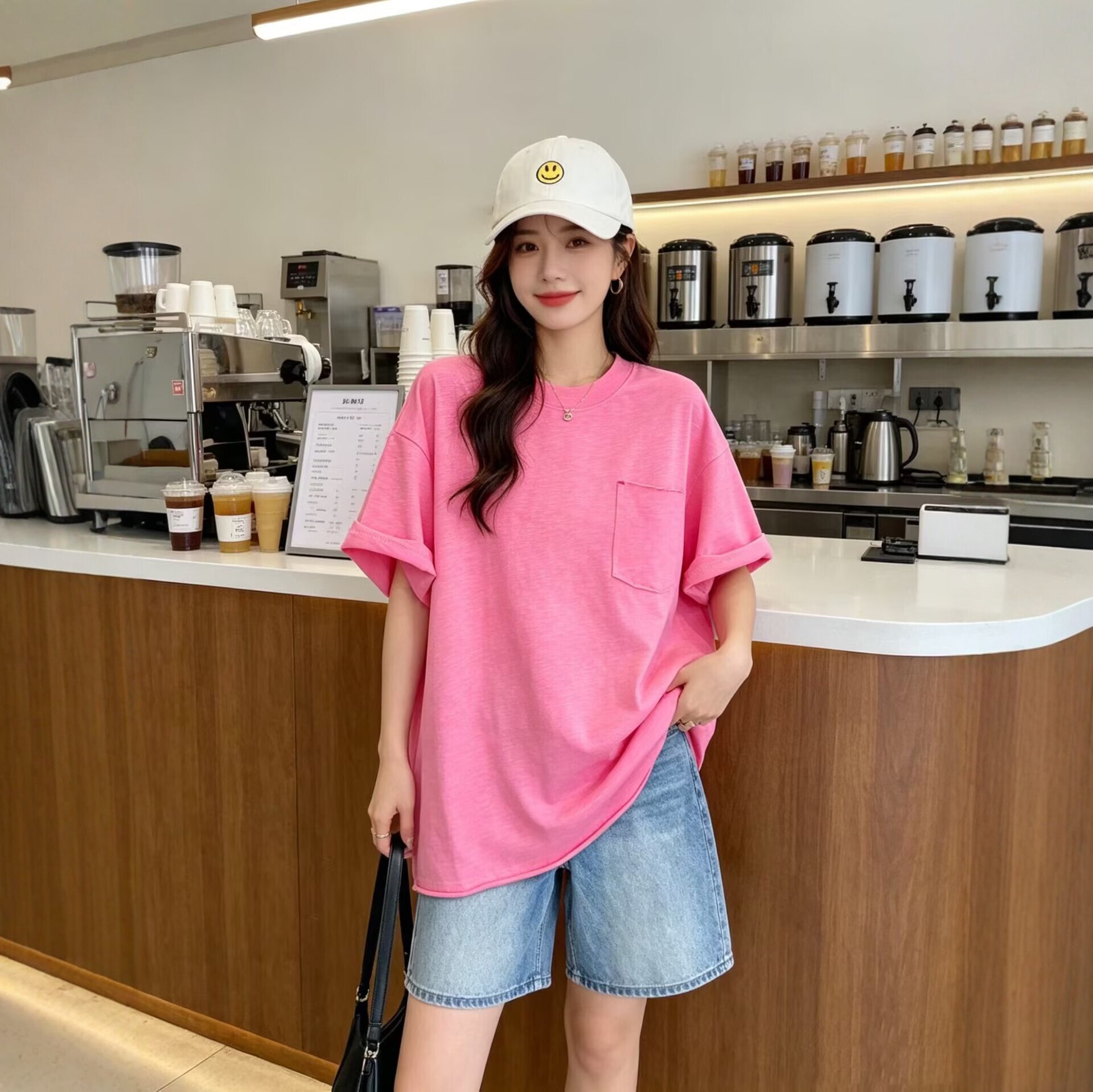 皇冠2026夏季简约百搭宽松松弛感竹节棉口袋休闲慵懒圆领短袖T恤