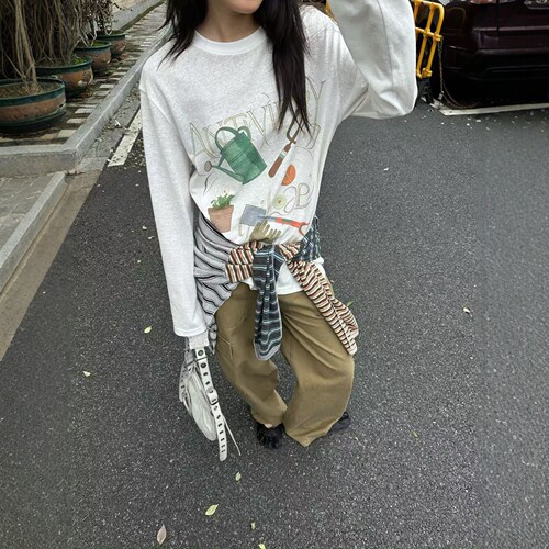 CHOICE ME2026秋季韩版涂鸦印花宽松显瘦雪花棉宽松圆领长袖T恤女