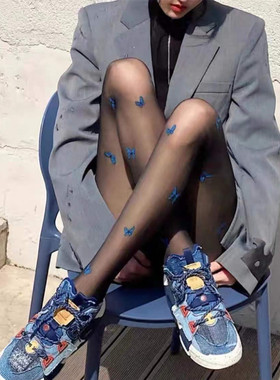 蓝色蝴蝶印花丝袜女黑丝网红ins超薄连裤袜性感潮流防勾丝任意剪