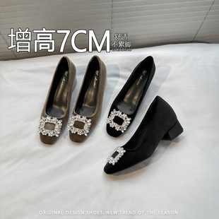 法式水钻方扣玛丽珍鞋女内增高粗跟浅一脚蹬口单鞋高级感智性淑女