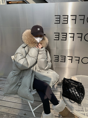 鹅绒服中长款宽松连帽大毛领混纺