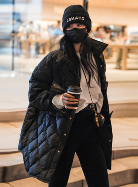 黑色羽绒服女衬衣冬装新款韩版小香风女款菱形格宽松女装衬衫外套