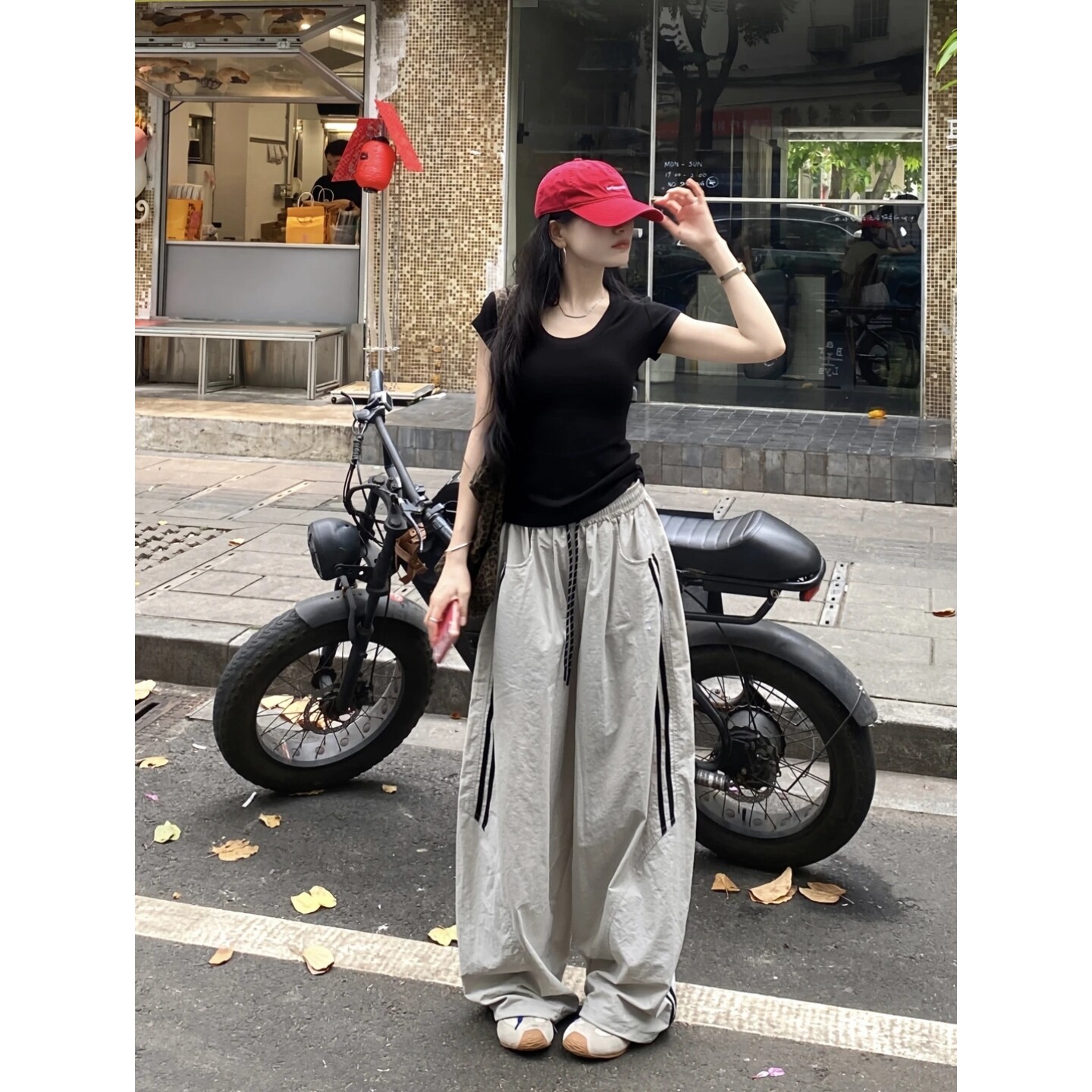 韩系条纹冰丝速干休闲裤女26夏季时尚百搭阔腿户外登山束脚运动裤