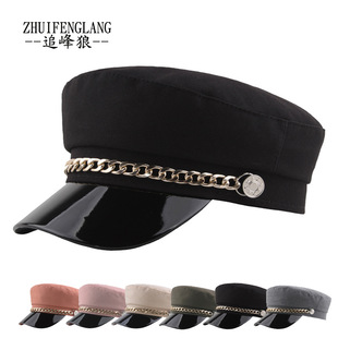女士金属铁链纽扣PU黑色皮帽檐韩国海军帽欧美经典时尚平顶