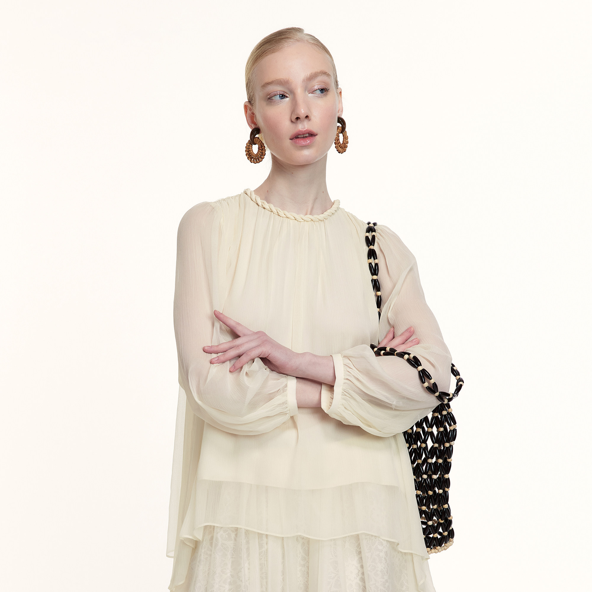 艺之卉编织领真丝衬衫薄纱裙裤