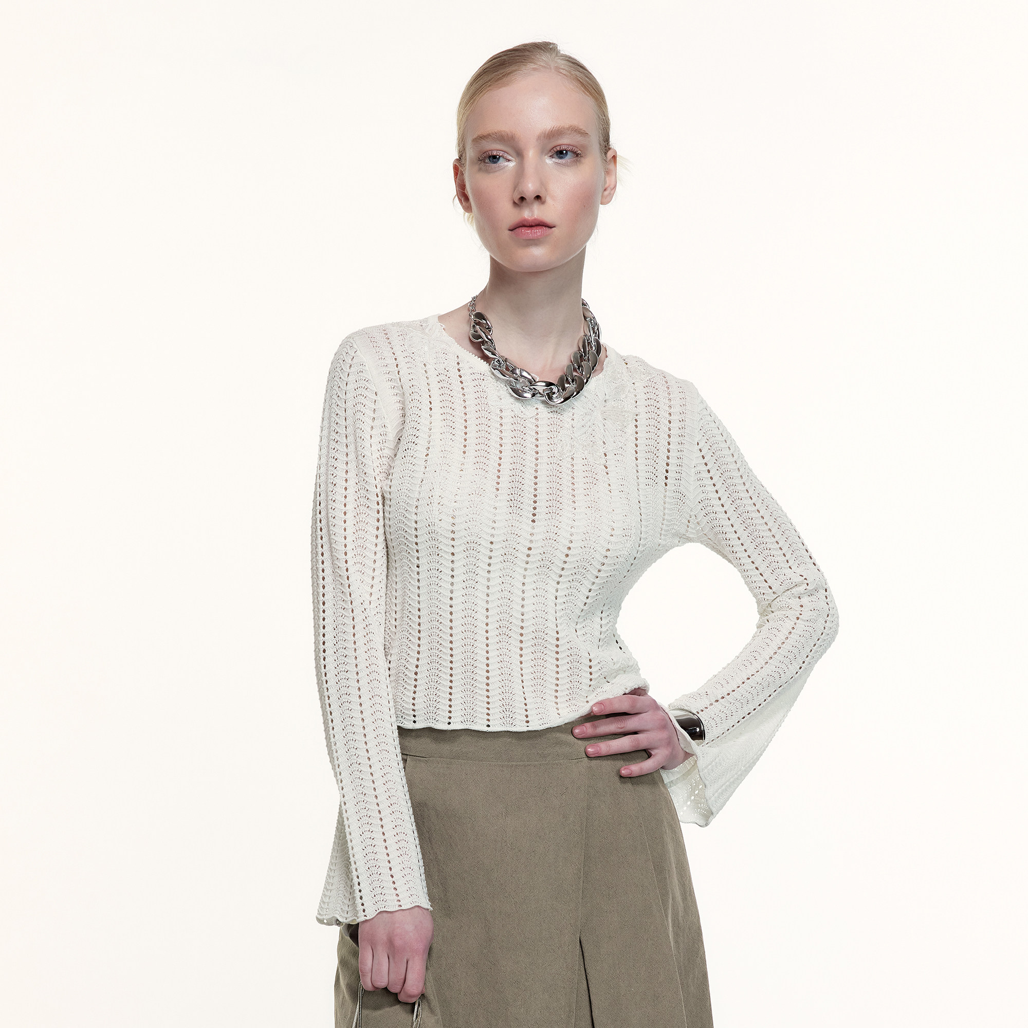 艺之卉唯美针织镂空上衣白色圆领套头织花长袖针织衫新款原创设计