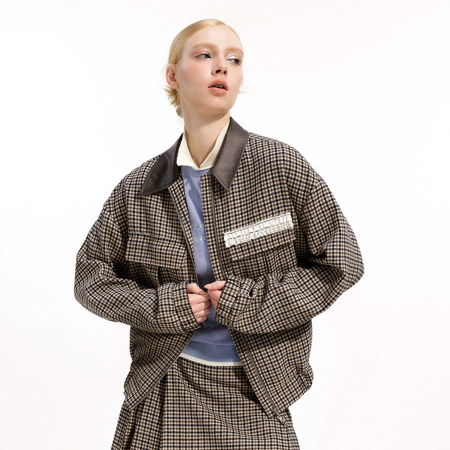 【送半裙】艺之卉甜酷风复古格纹外套蕾丝点缀廓形上衣2025秋新款