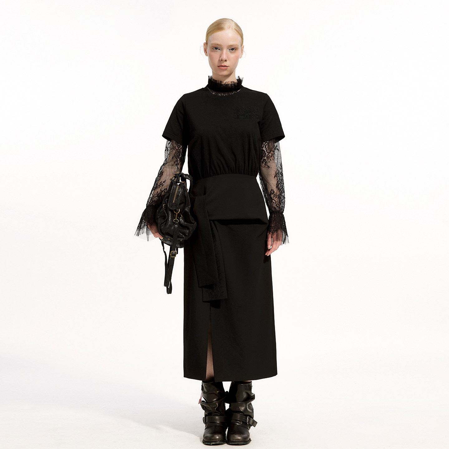 艺之卉黑色短袖甜酷风开叉连衣裙