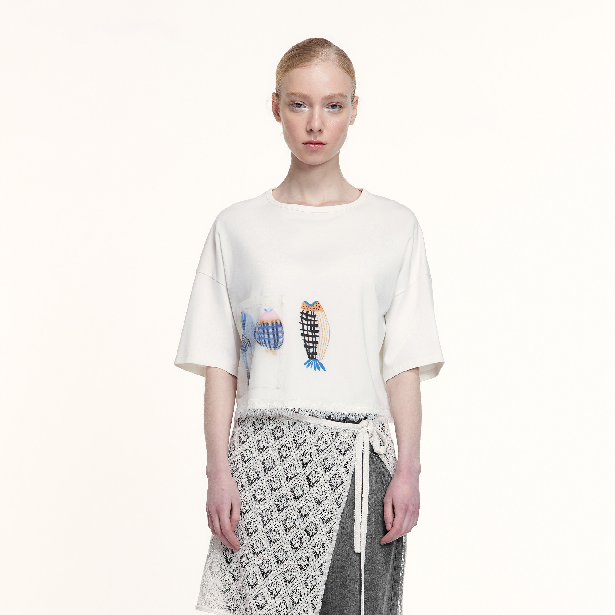 艺之卉趣味鱼印花短款短袖T恤