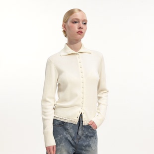 艺之卉miu系复古针织开衫拼蕾丝高领翻领两穿毛衣外套秋新款