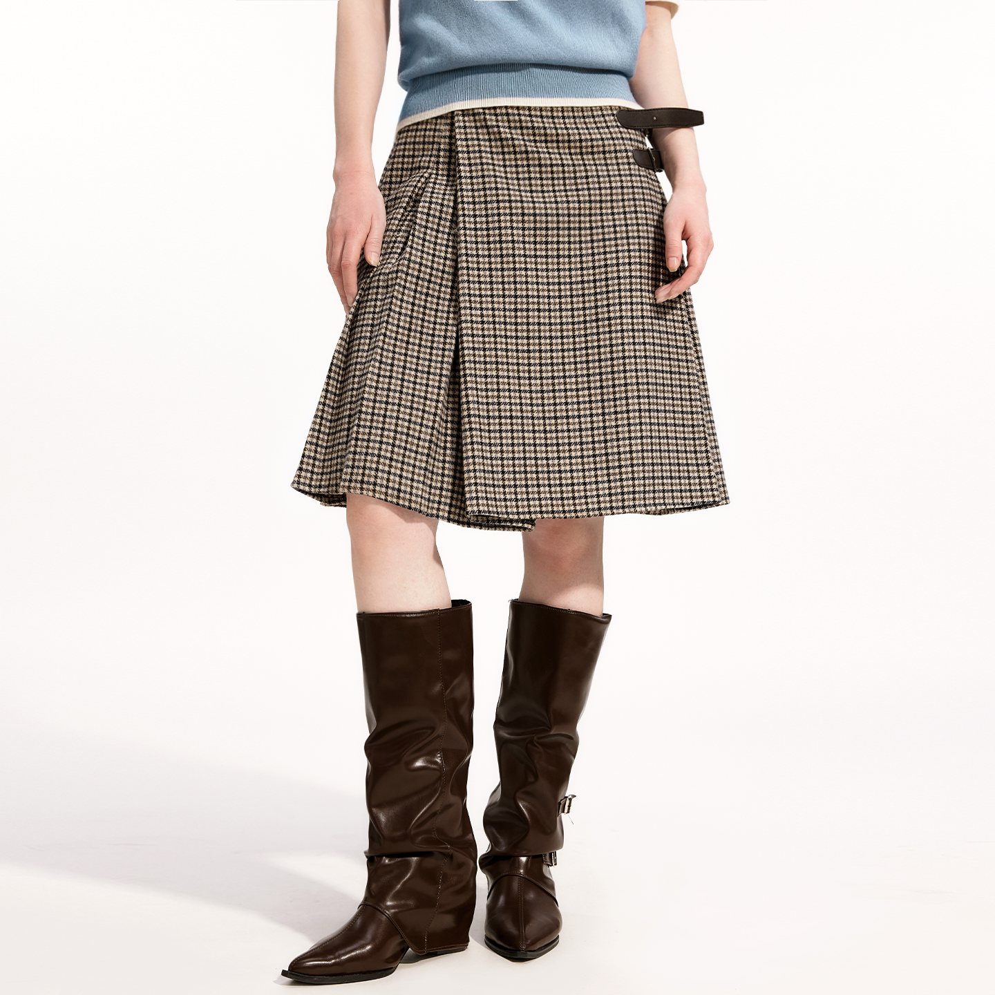 艺之卉复古英伦风格纹半身裙皮革装饰点缀半裙2025秋新款