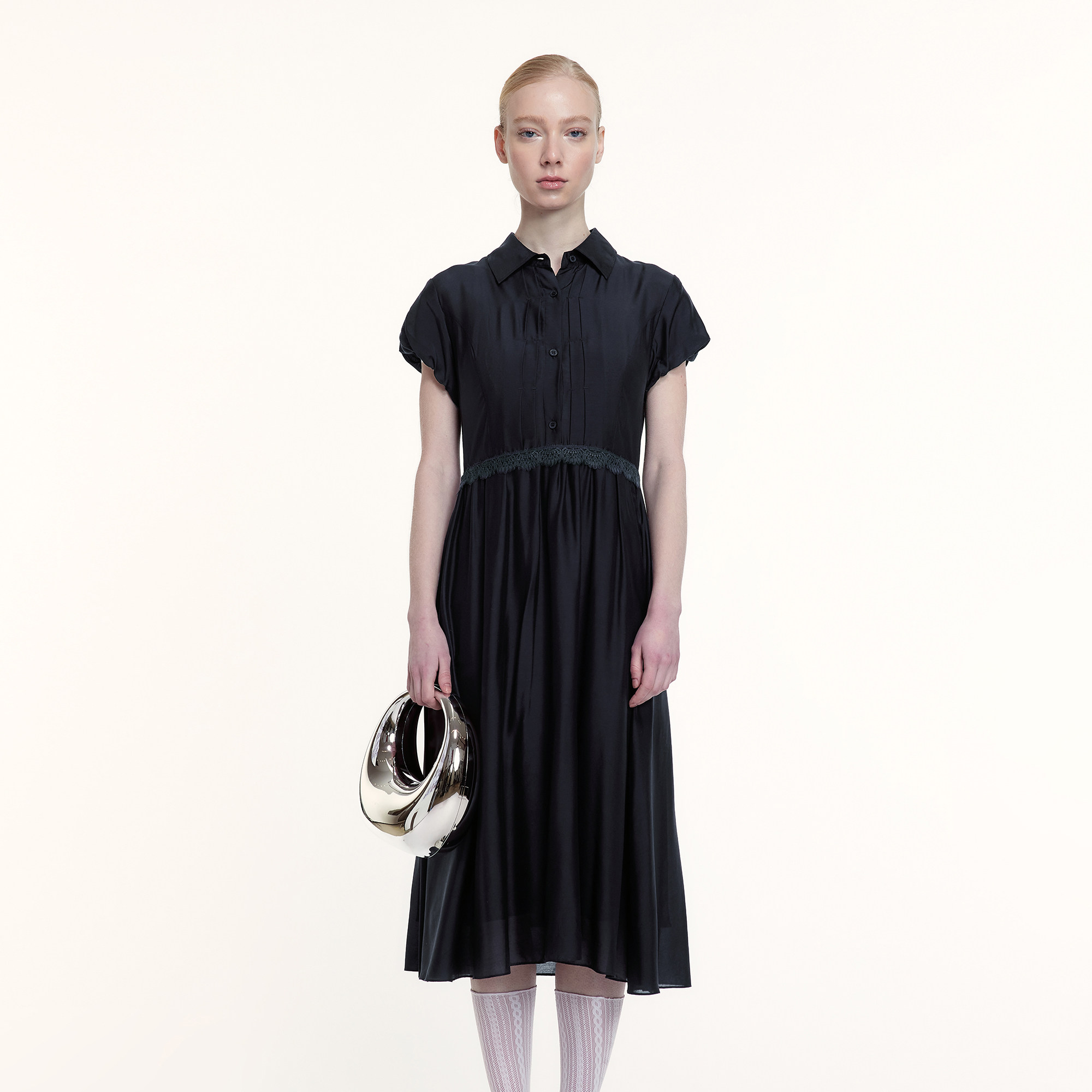 艺之卉衬衫式短袖薄纱质感连衣裙